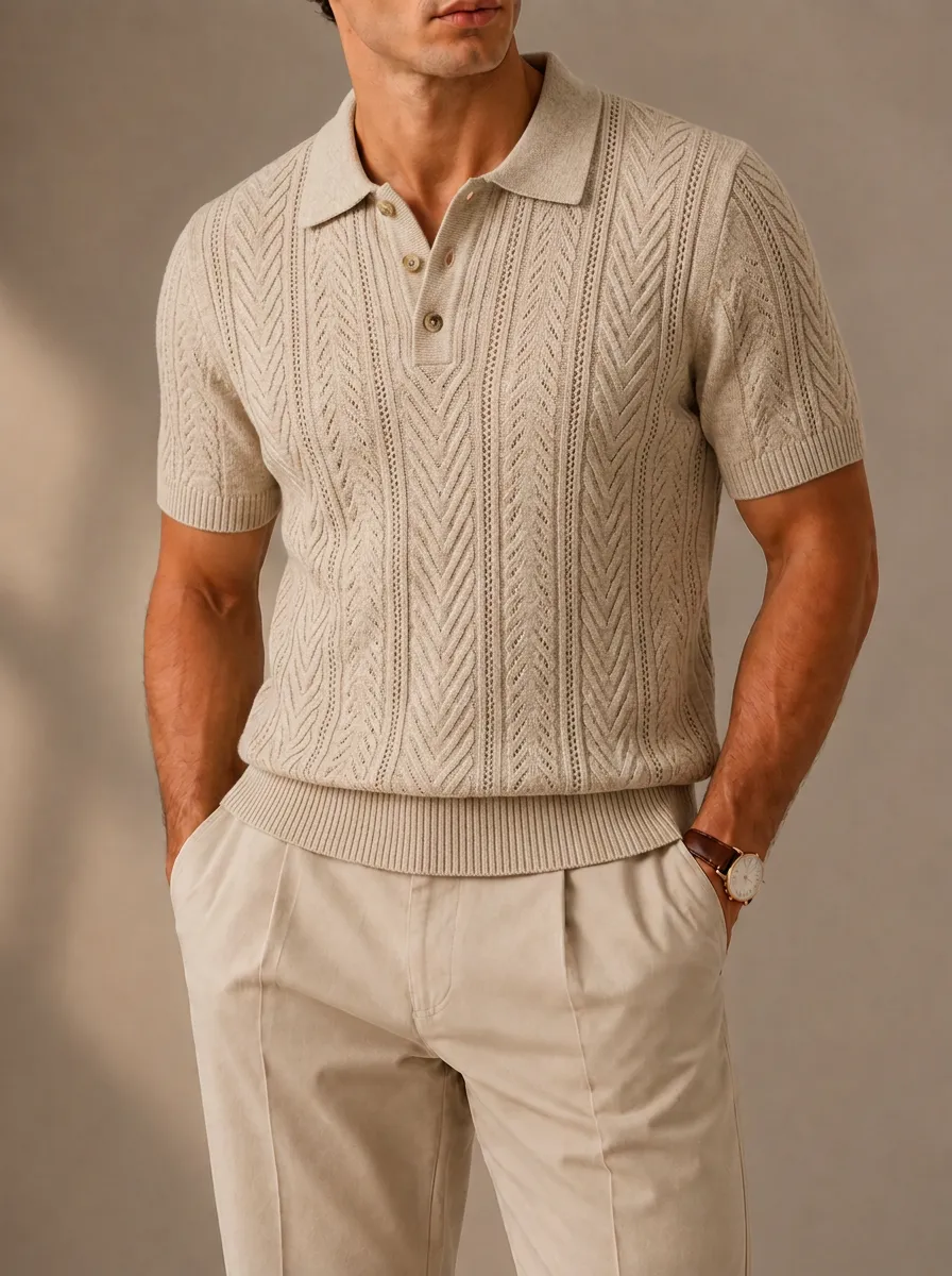 Men's Beige Chevron Textured Knit Polo Shirt