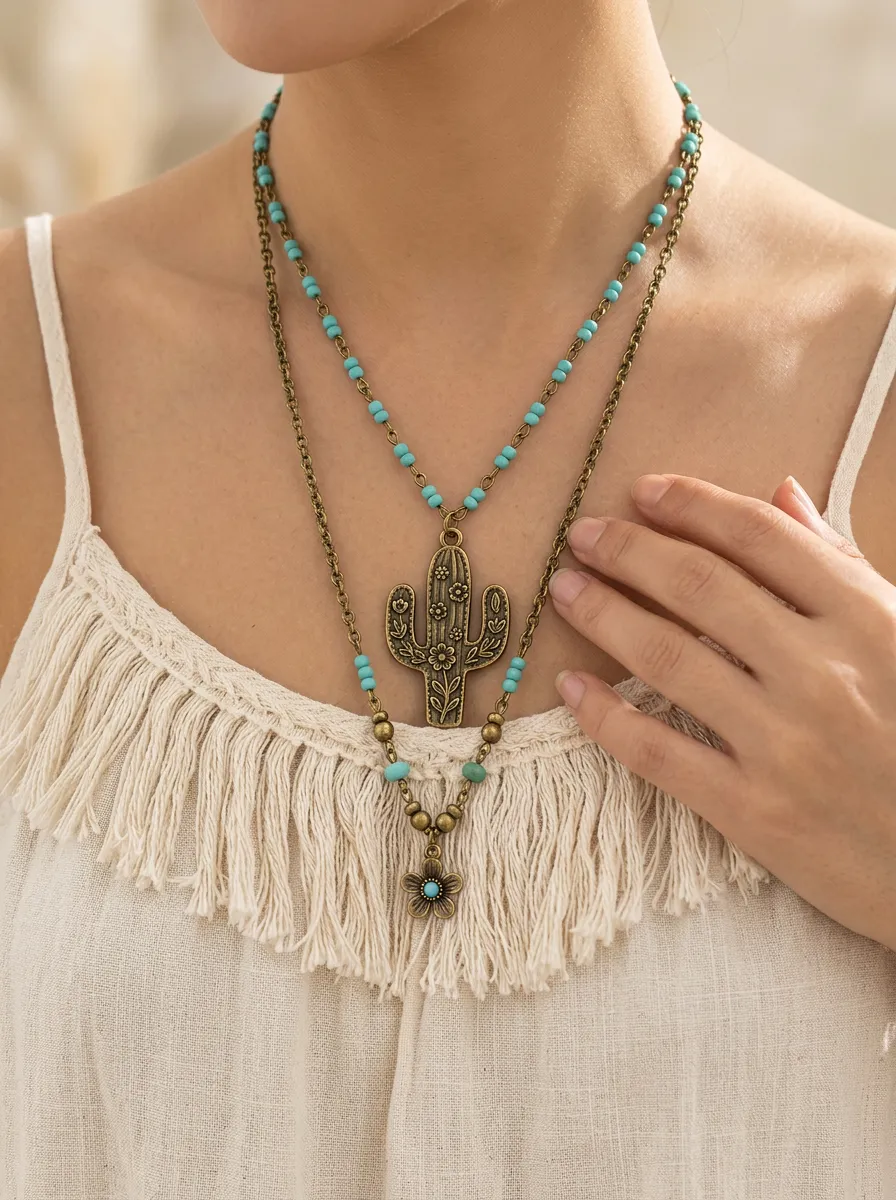 Cactus Desert Layered Beaded Western Pendant Necklace