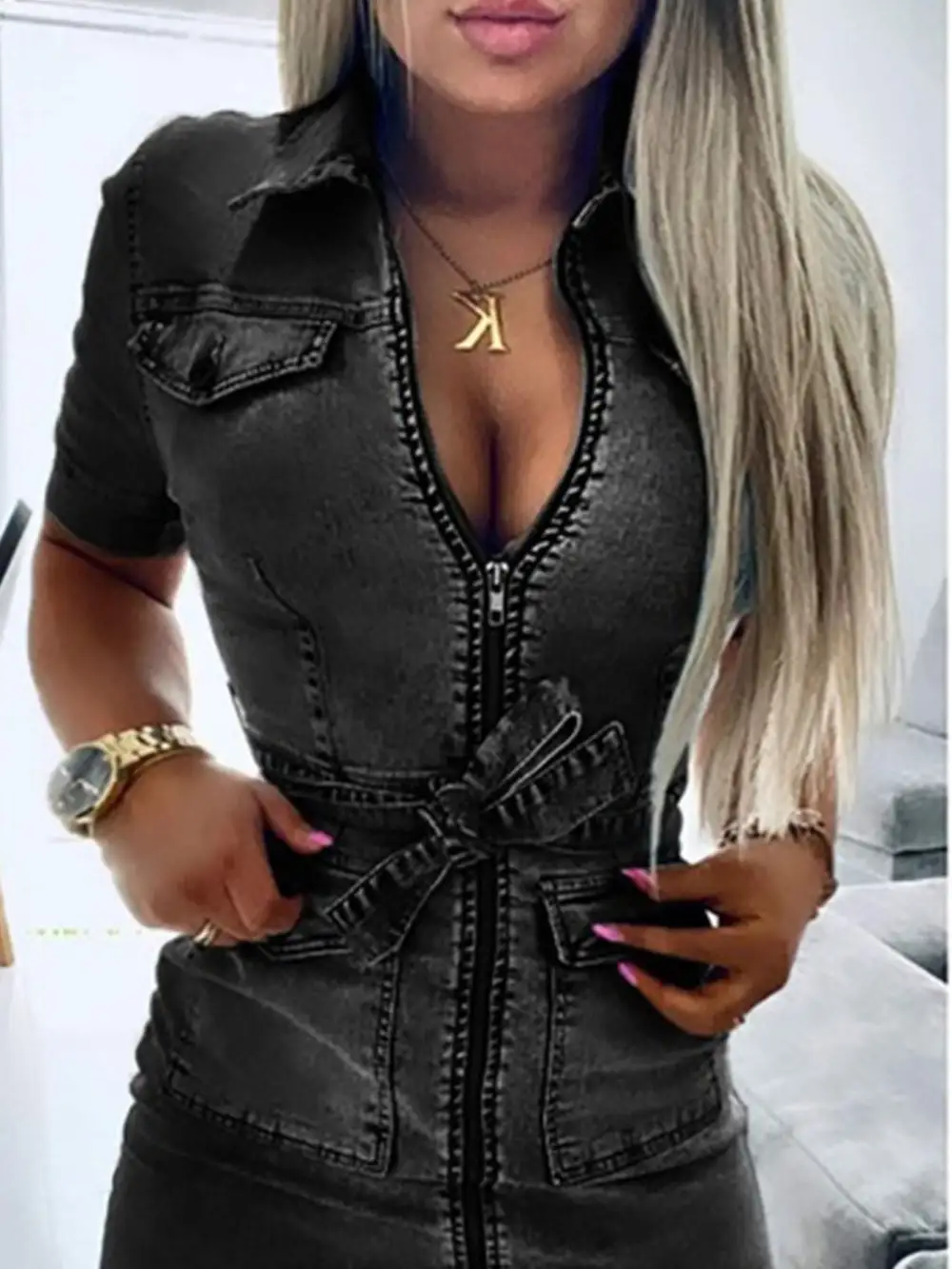 Short-Sleeve Denim Casual Dress