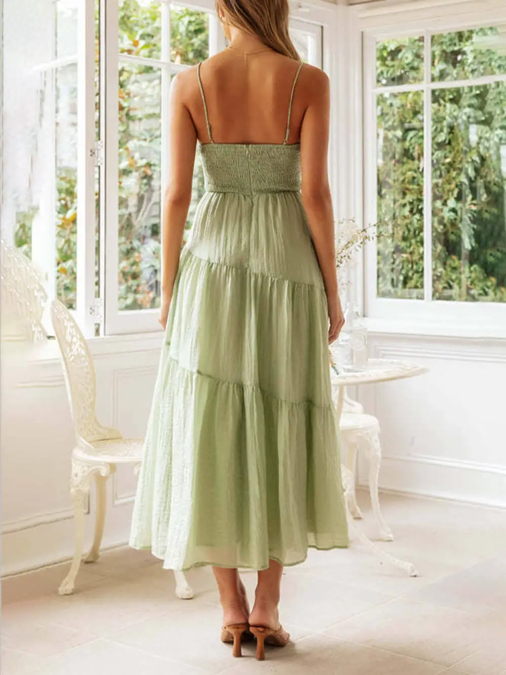 Open Back Lace Up Sleeveless Patchwork Midi Dress