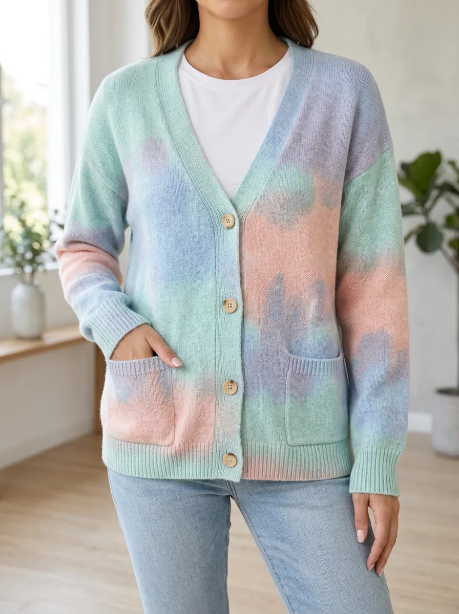 Women's Pastel Tie-Dye Pattern Printed Ribbed Trim Weekend Layering Cardigan