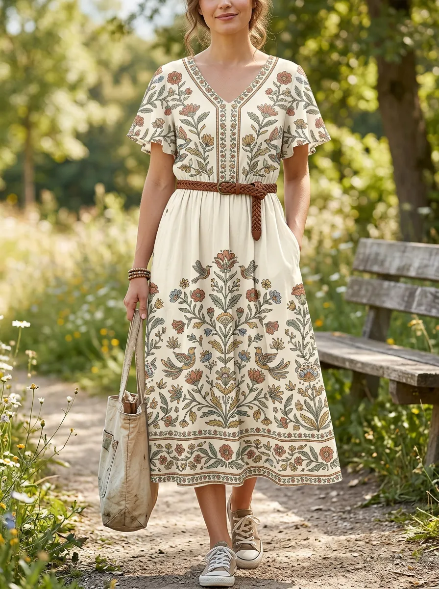 Women's Boho Floral Bird Pattern Printed Dress