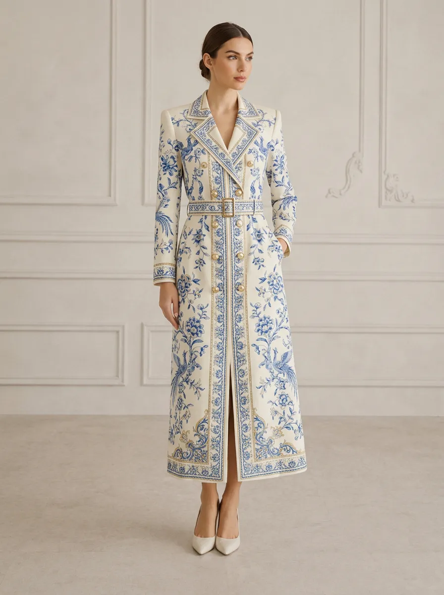 Women's Vintage Floral Porcelain Pattern Printed Trench Coat