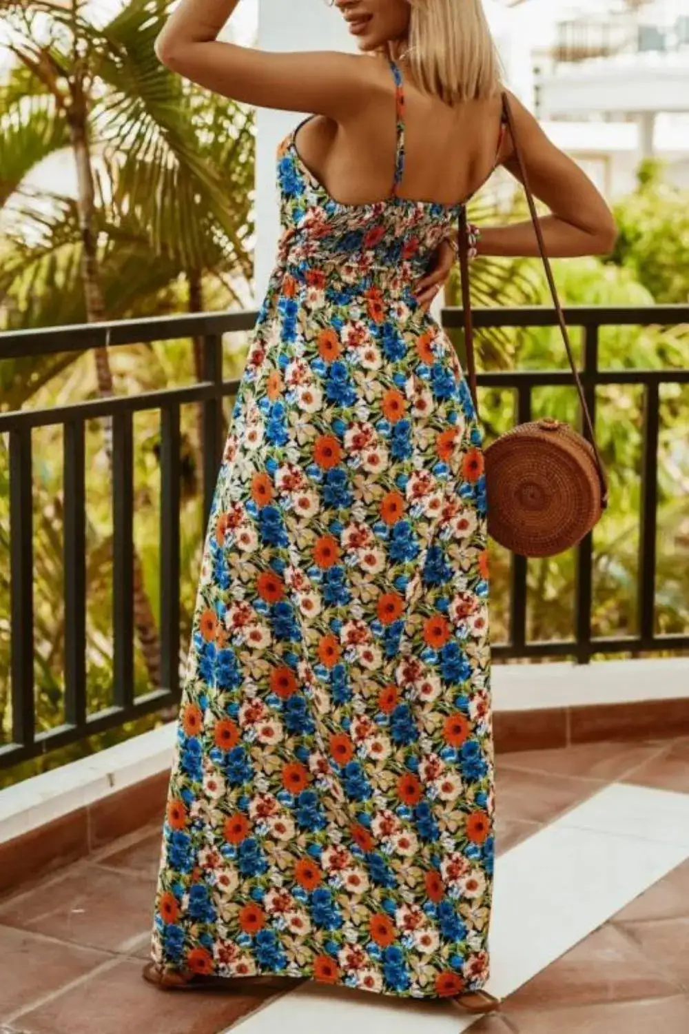Classic Smocked Spaghetti-Strap Printed Maxi Dress