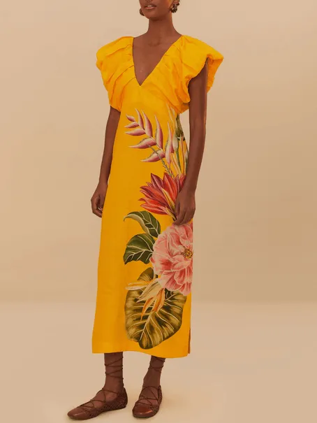 V Neck Pleated Print Midi Dress
