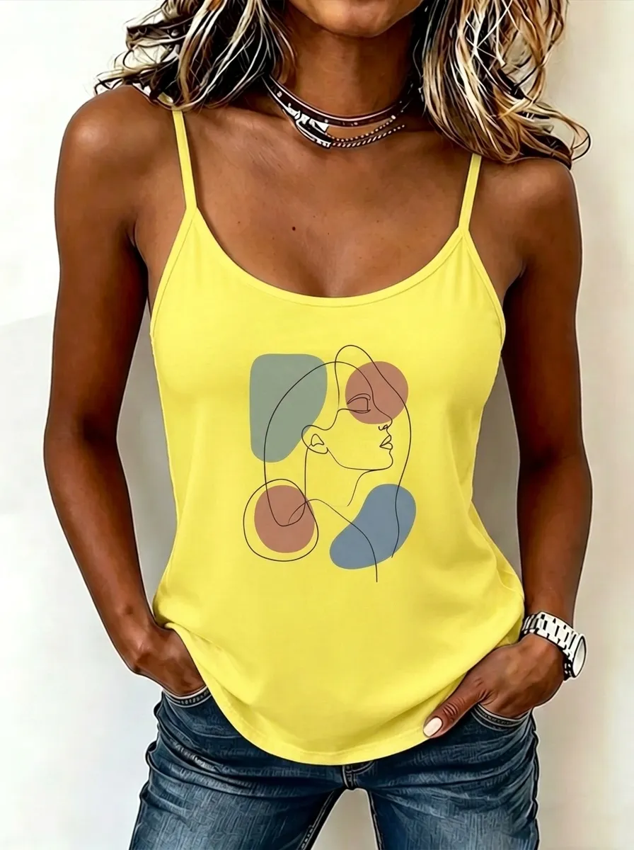 Women's Minimalist Abstract Face Line Art Printed Camisole