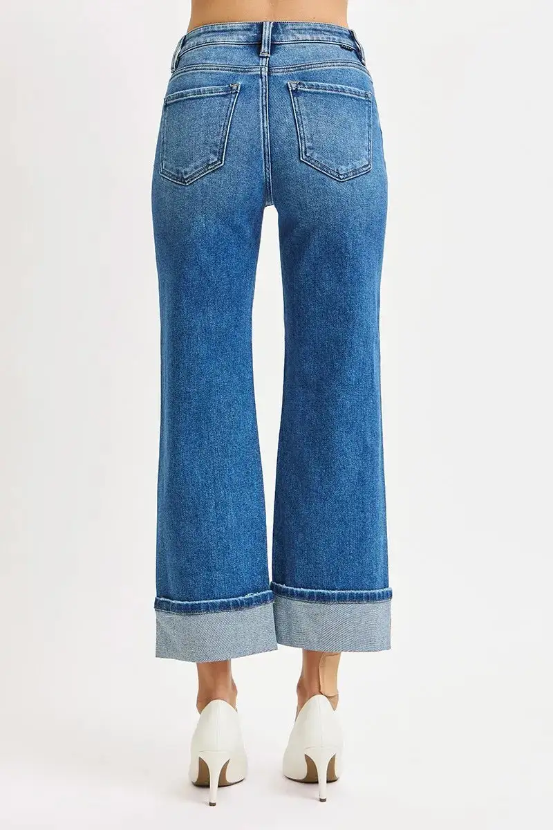 Denim Mid Rise Straight Leg Raw Hem Jeans
