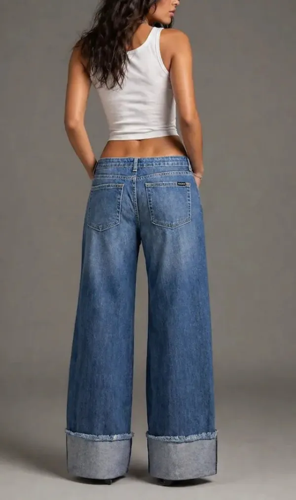 Low Rise Western Style Wide Leg Cuffed Denim Jeans