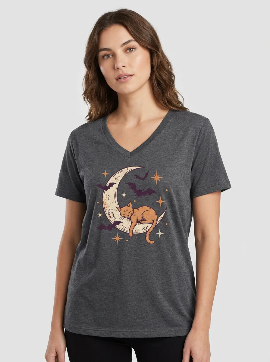 Women's Halloween Cat Moon Bats Printed V-neck T-shirt