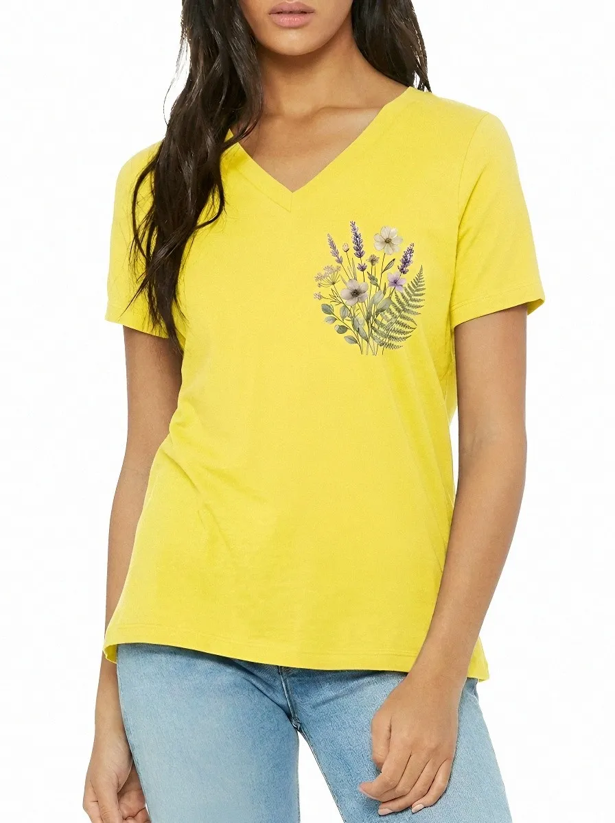 Women's Botanical Nature Lover Wildflower Bouquet Printed V-Neck T-Shirt