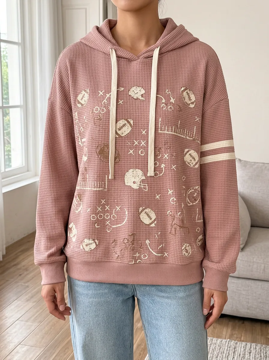 Women's Varsity Football Fan Helmet Playbook Printed Waffle Hoodie