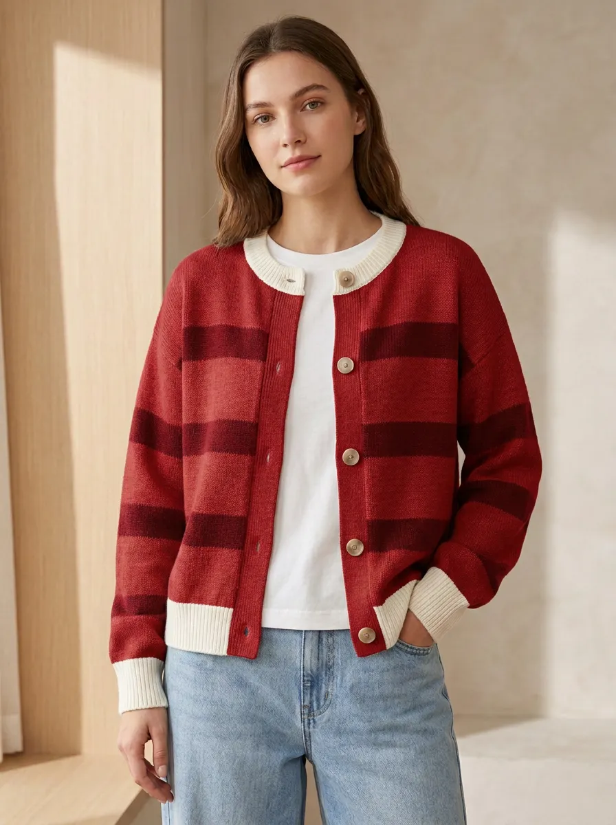 Embroidered Rugby Striped Knit Cardigan