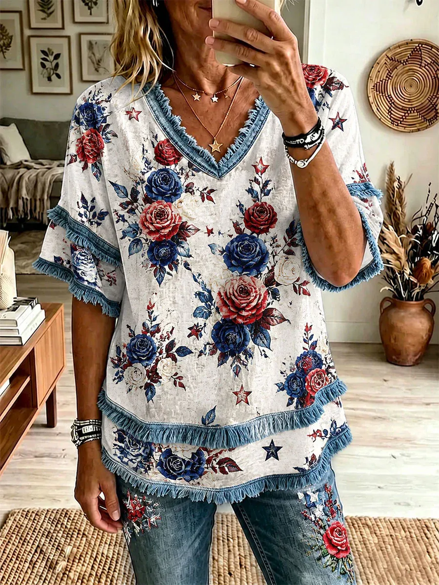 Women'S Retro Independence Day Flower Art Cotton And Hemp Printed Top