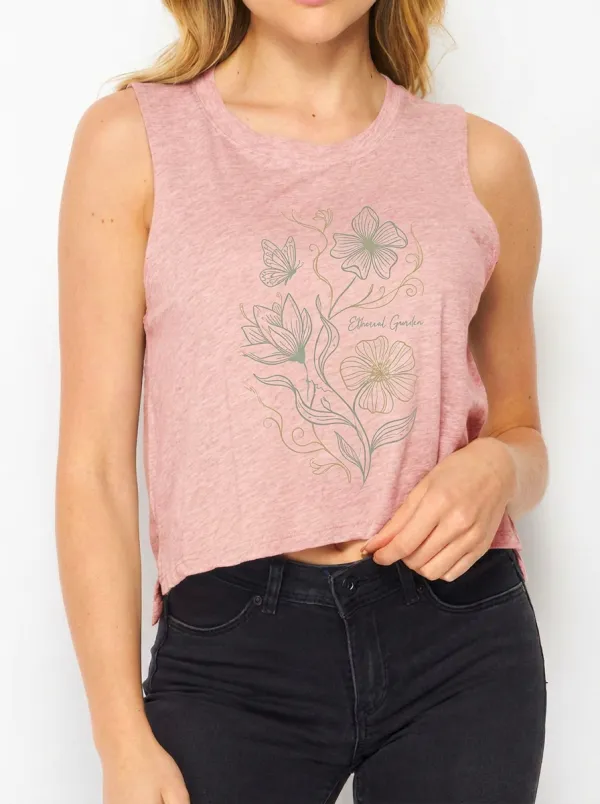 Women's Ethereal Garden Butterfly Floral Printed Crop Tank Top