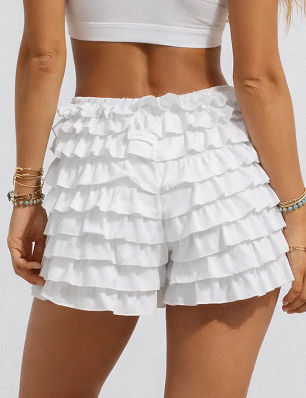 Tiered Ruffle Solid Color Elastic Waist Mini Shorts