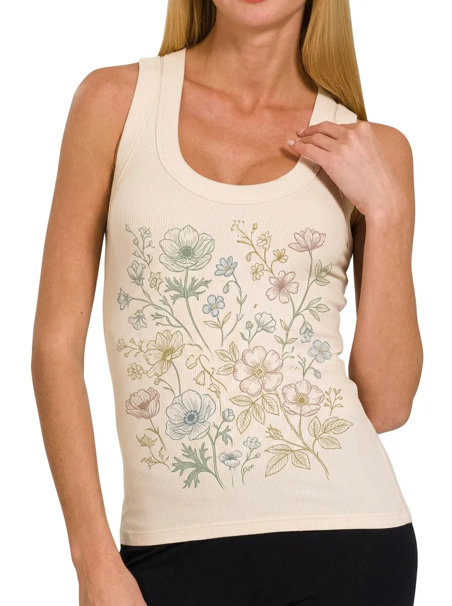 Women's Botanical Floral Garden Printed Ribbed Tank Top