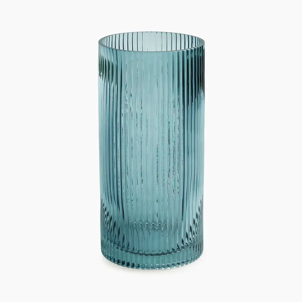 Teal Ribbed Glass Vase