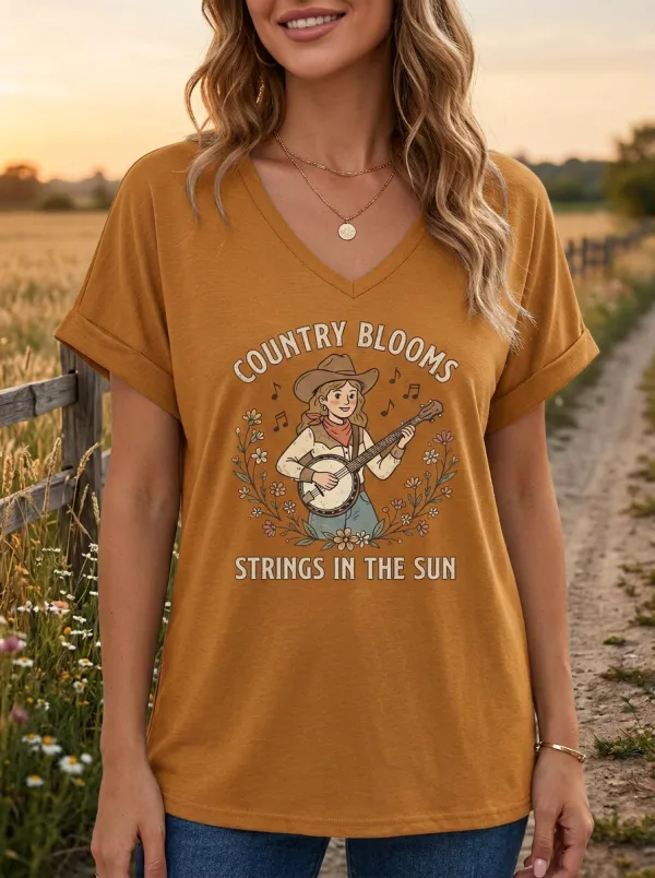 Western-Inspired Western-Motif Women's Country Music V-Neck T-Shirt