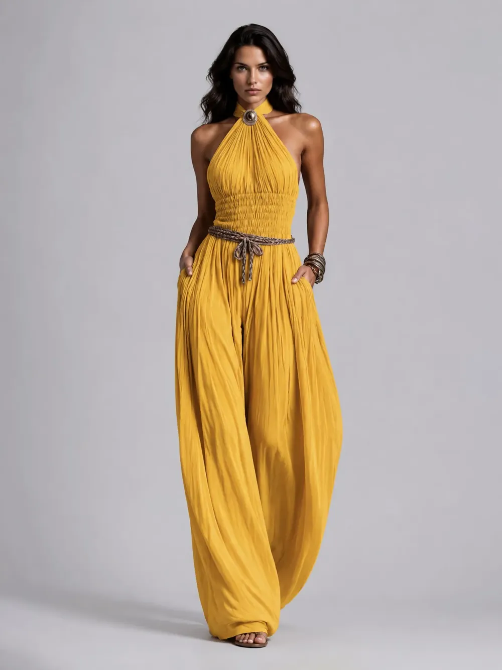 Taylor Pleated Halter-Neck Wide-Leg Jumpsuit