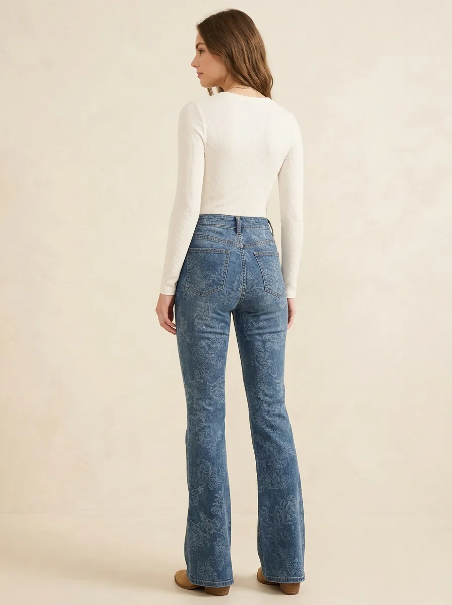 Women's Vintage Floral Paisley Printed High-Waisted Flare Jeans