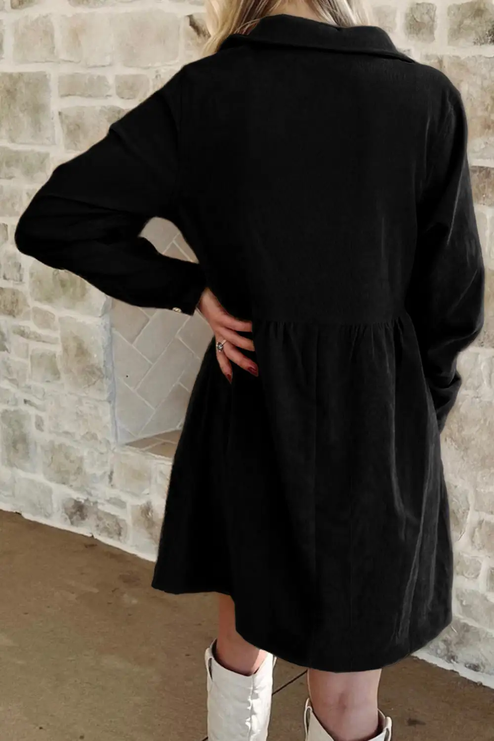 Corduroy Half Button Collared Long Sleeve Mini Dress