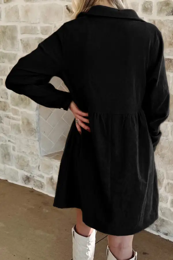 Corduroy Half Button Collared Long Sleeve Mini Dress