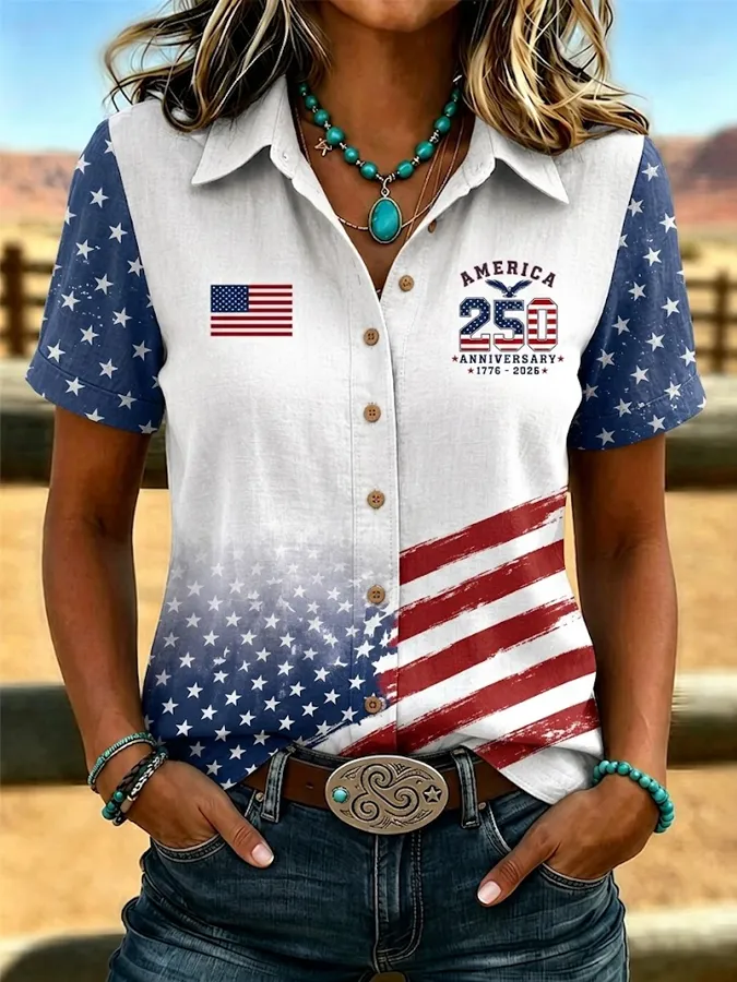 Women's Retro Vintage American Flag Western Style Shirt