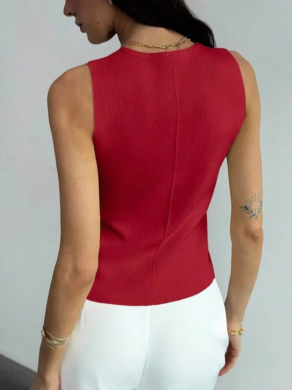 Red Knit Button Front Metal Vest