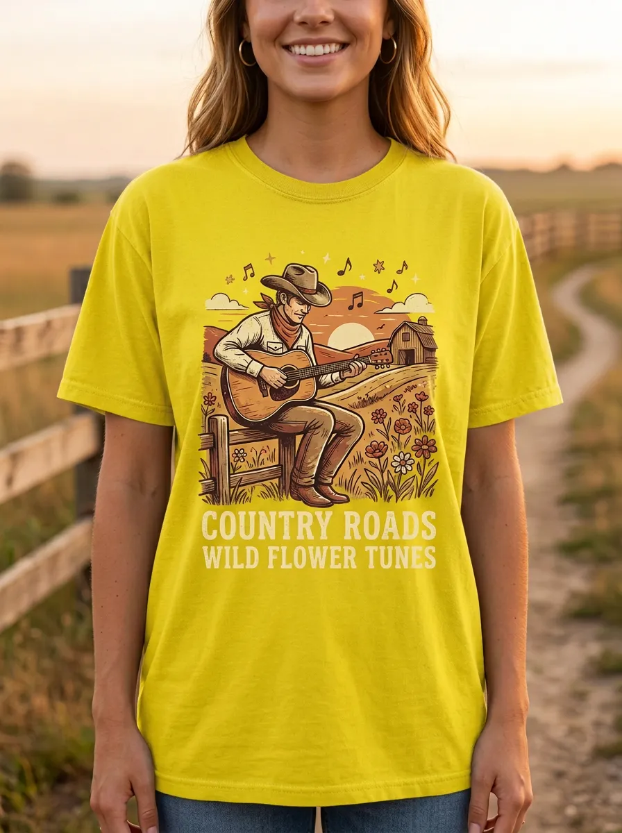 Rustic Country Music Cowboy Guitar Wildflower Crew Neck T-Shirt