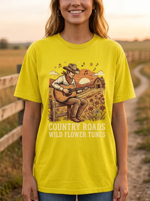 Rustic Country Music Cowboy Guitar Wildflower Crew Neck T-Shirt