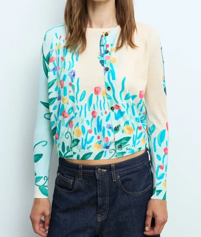 Cotton Silk Floral Button-Front Cardigan