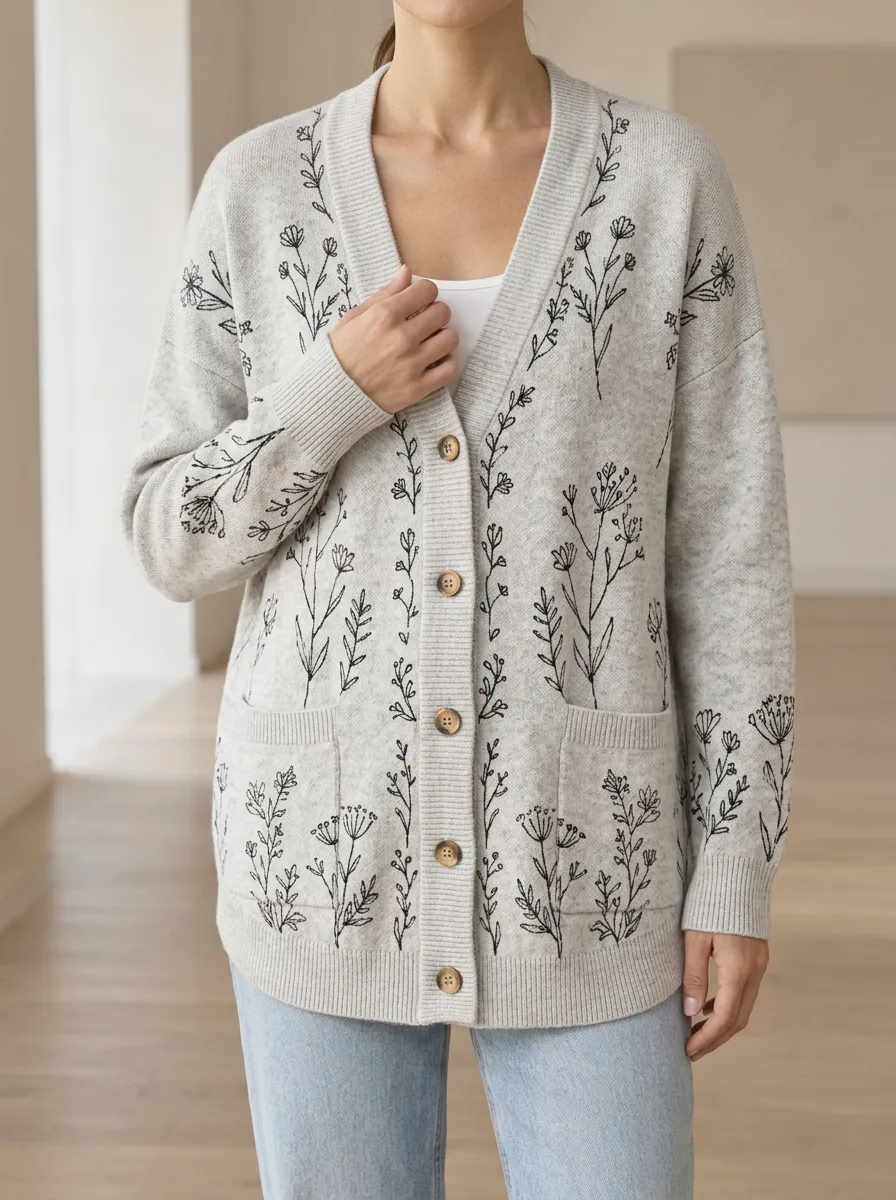 Women's Botanical Nature Lover Wildflower Printed Ribbed Trim Weekend Layering Cardigan