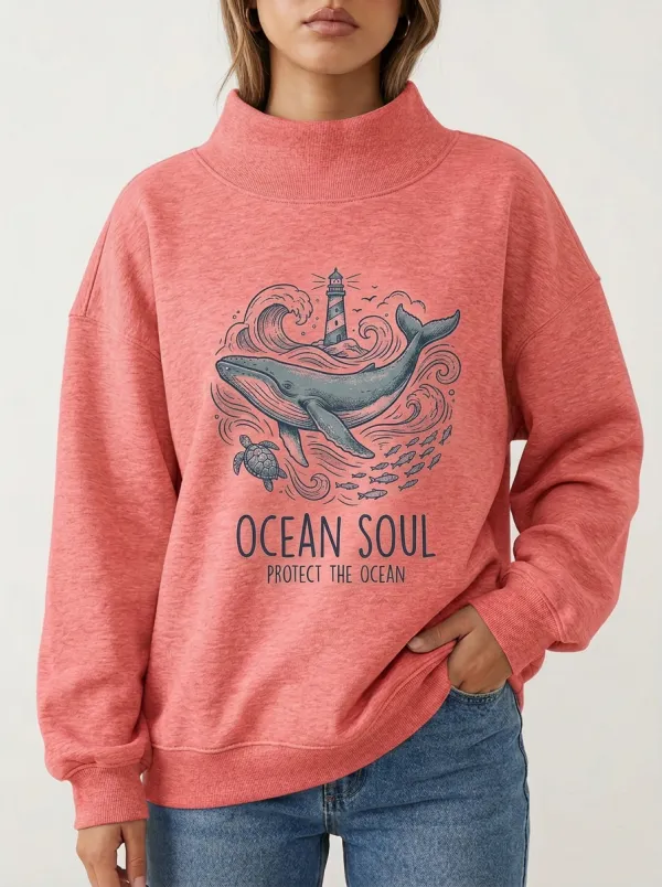 Ocean Lover Whale Lighthouse Mock Neck Sweatshirt