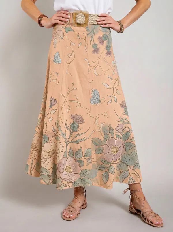 Women's Botanical Butterfly Thistle Printed Midi Skirt