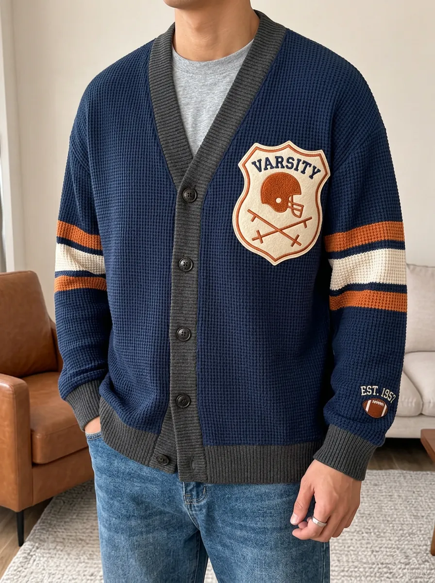 Men's Varsity Football Waffle Knit Patchwork Cardigan