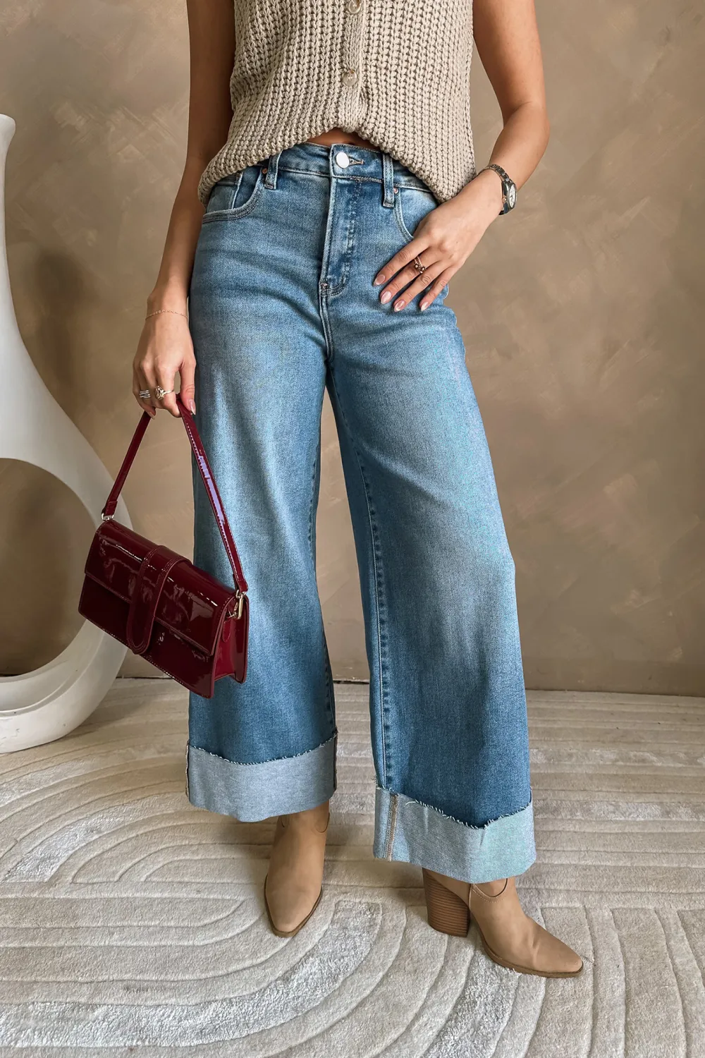 Folded Hem Jeans With Pockets