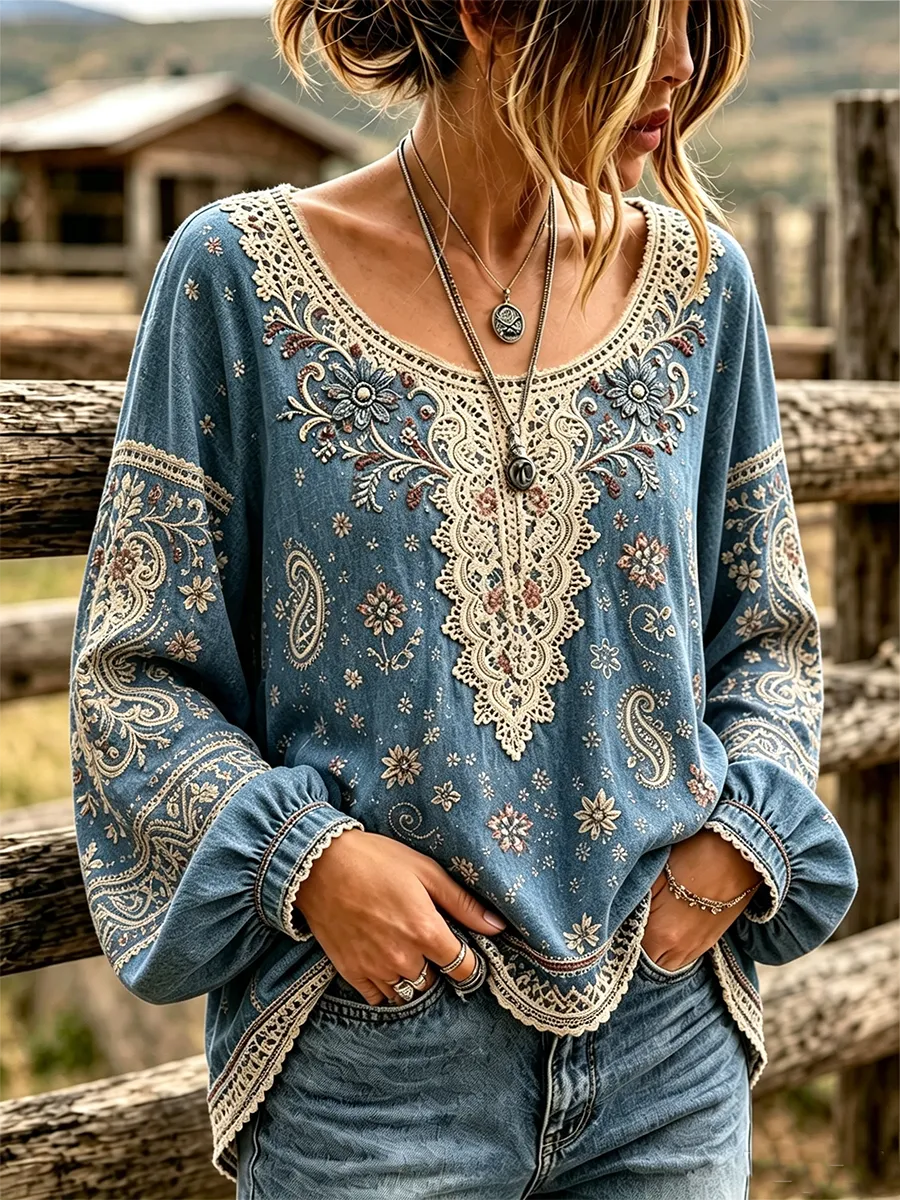 Women'S Floral Pattern Long Sleeved Linen Shirt