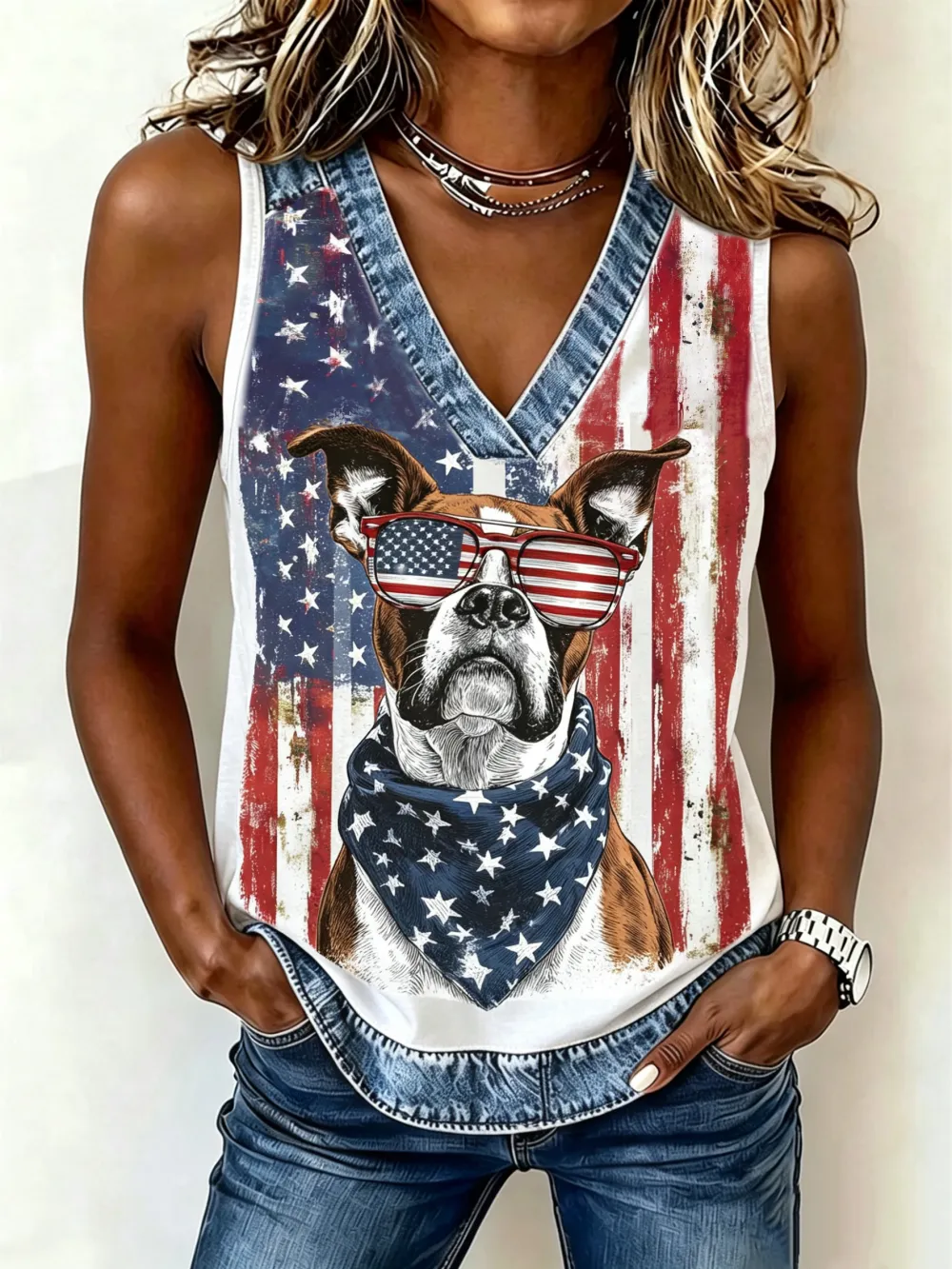 Women's casual American flag puppy art vest