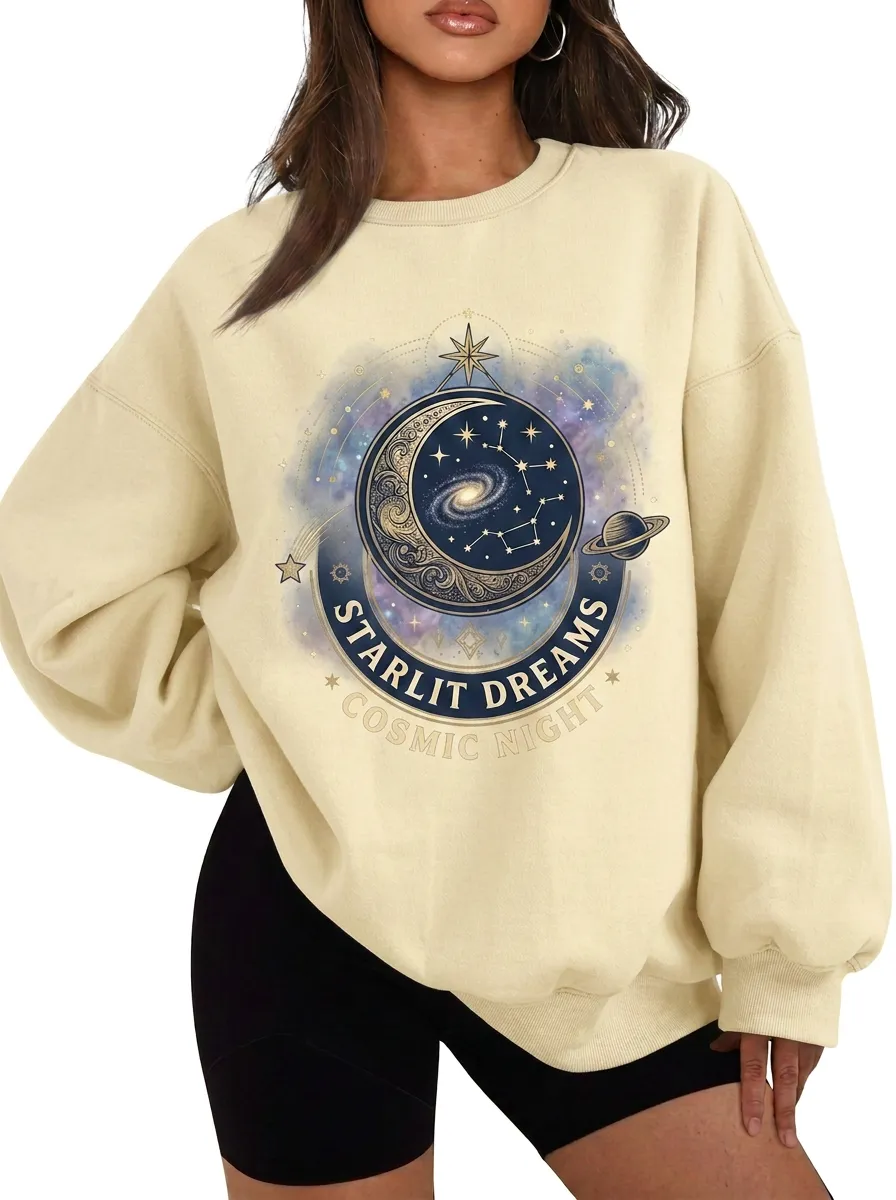 Women's Starlit Dreams Celestial Moon Galaxy Printed T-shirt