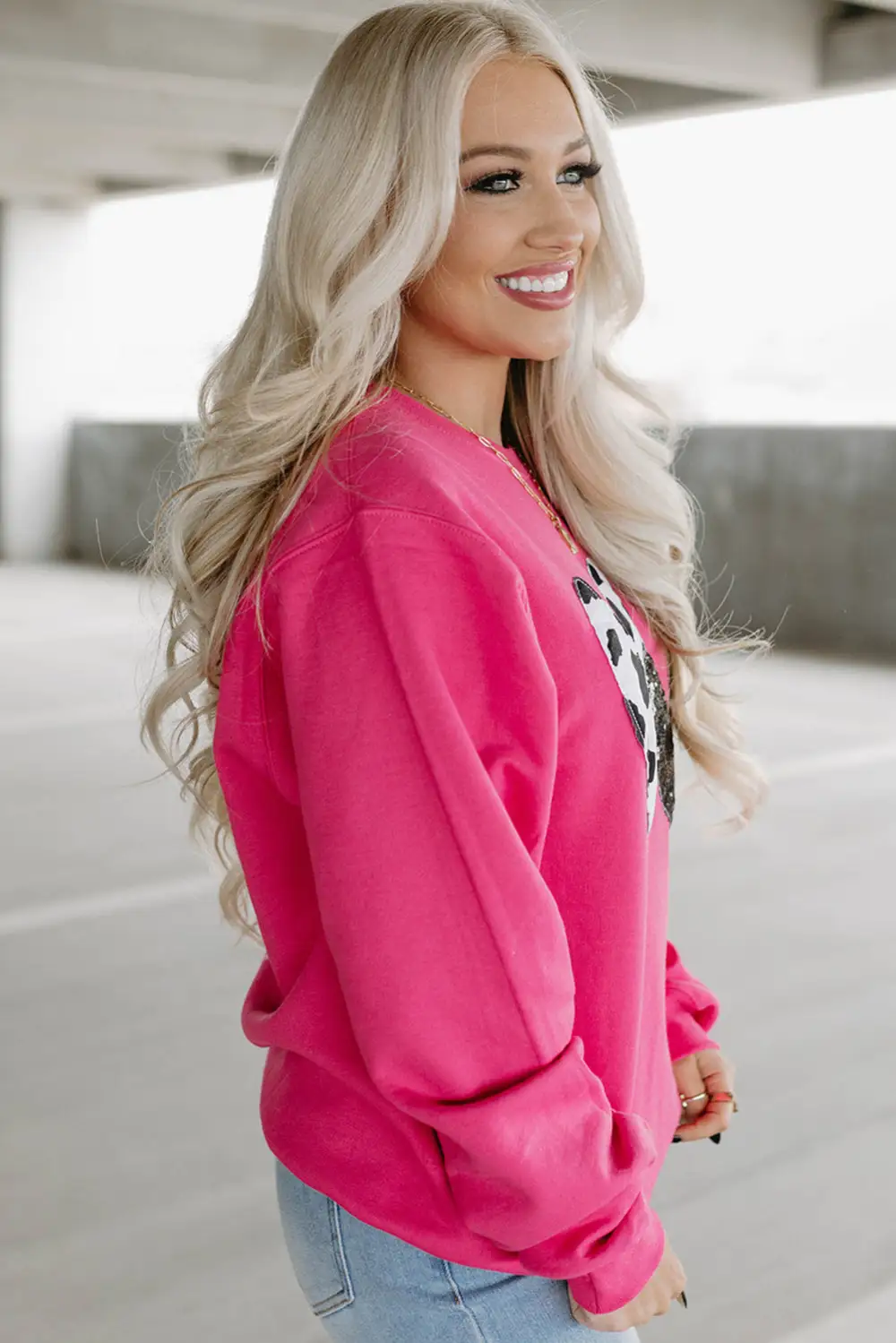 Cow Sequin Double Heart Patch Graphic Sweatshirt