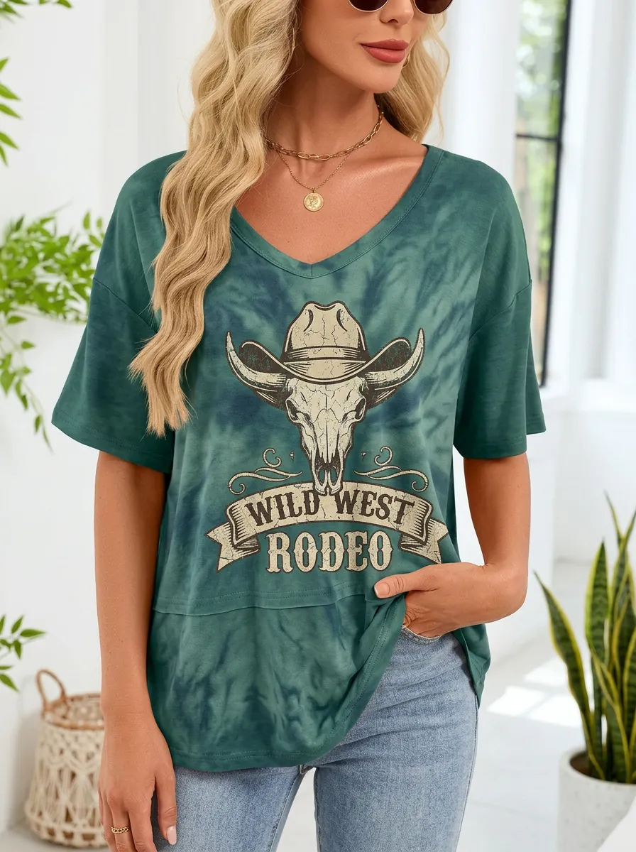 Women's Western Rodeo Cowboy Skull Tie-Dye Printed T-shirt