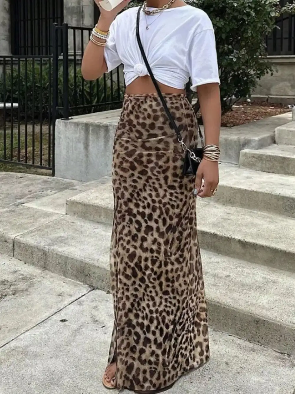 Sequin Leopard Print High Rise Maxi Skirt