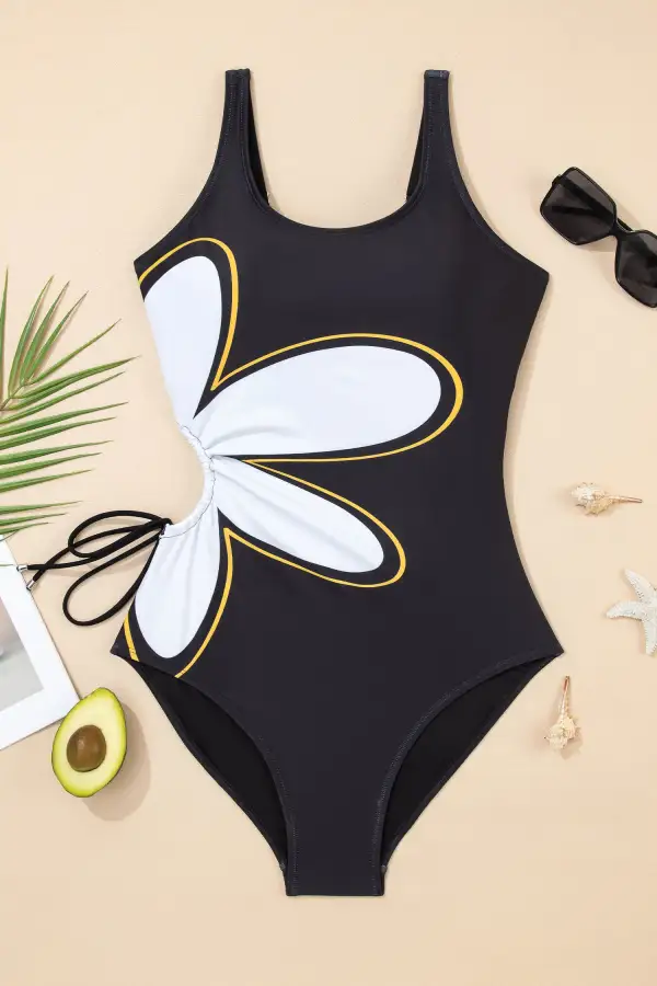 Drawstring Big Hole Floral One Piece Swimsuit