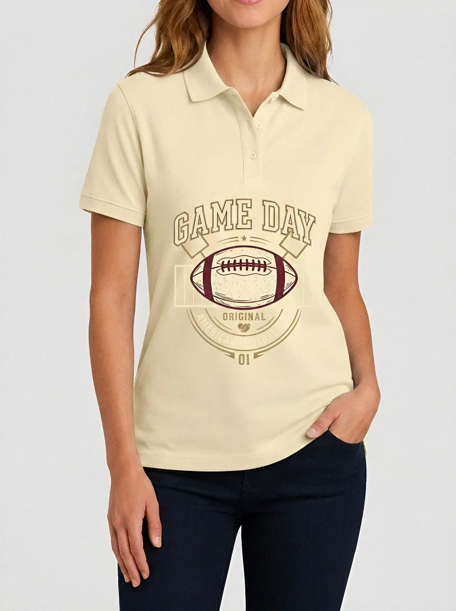 Women's American Football Game Day Vintage Graphic Printed Polo Shirt