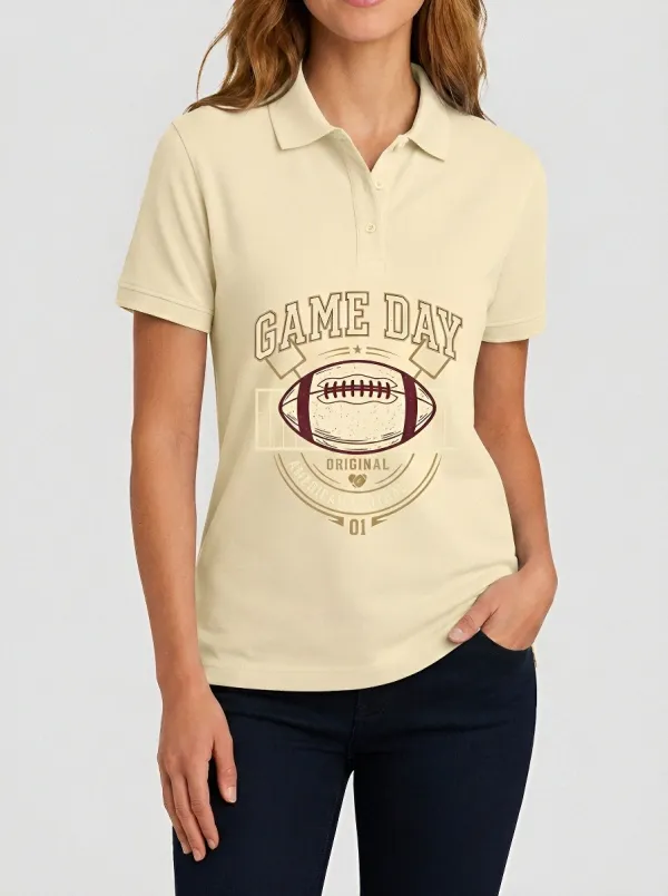 Women's American Football Game Day Vintage Graphic Printed Polo Shirt