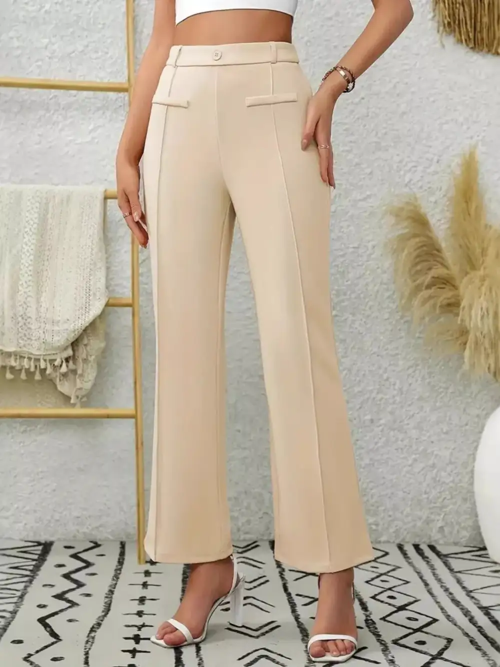 High Waist Flared Pocketed Seam Detail Casual Pants