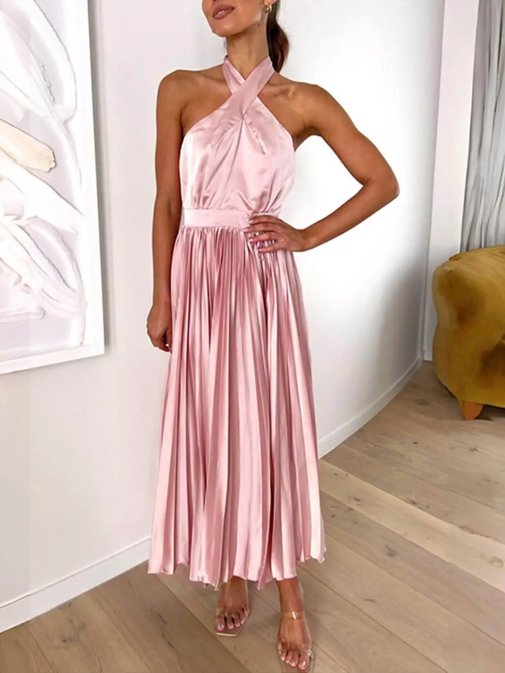 Neckline Pleated Vacation Occasion Dresses Midi Dress