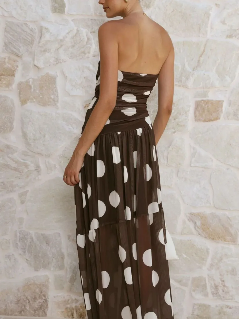Ruched Strapless Polka-Dot Maxi Dress
