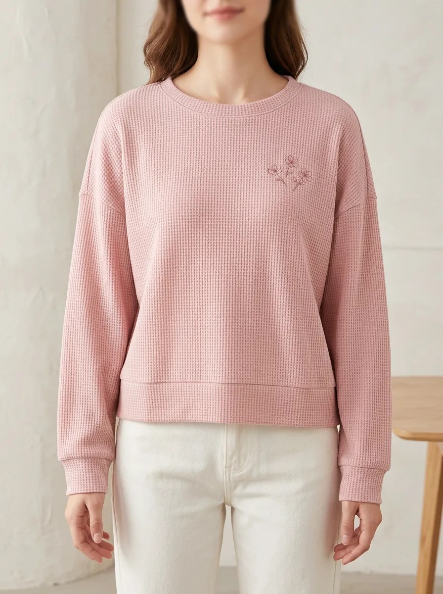 Women's Minimalist Floral Pink Waffle Knit Printed Sweatshirt