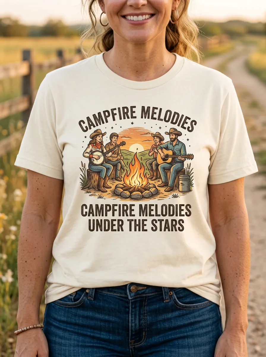 Country Music Campfire Guitar Crew Neck T-Shirt